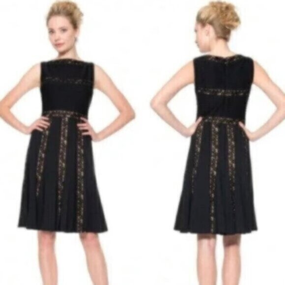 NWT Tadashi Shoji Black and Tan Pintuck Jersey Lace Knee Length Dress - Picture 2 of 12